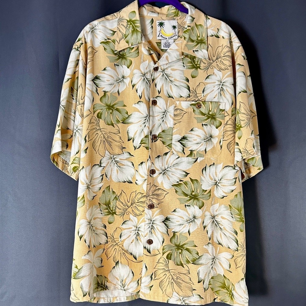 Banana Cabana Hawaiian Shirt Mens M Yellow Silk Monstera Leaf Camp Excellent